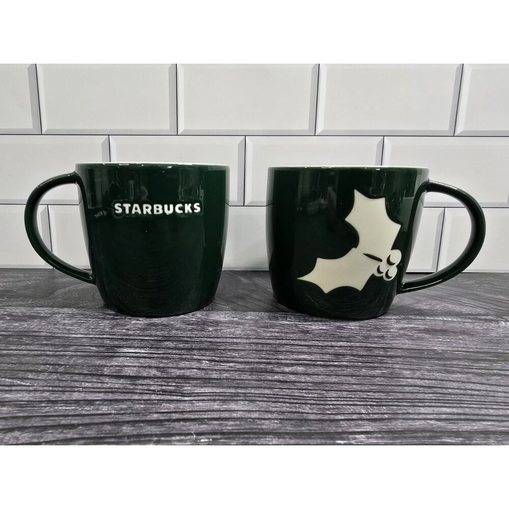 2011 Starbucks 2 Green Christmas Holiday Mugs (16 oz) with Embossed White Holly